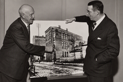 65 Years of Service — John Thompson & Raymond E. Olson Thermometer maker John Thompson (served 1884–1949) with VP Raymond E. Olson reviewing early plant prints.